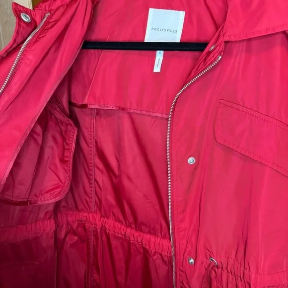 NWT Avec Les Filles Red Oversized Rain Anorak Hooded Trench Coat Women’s Small - Picture 8 of 13